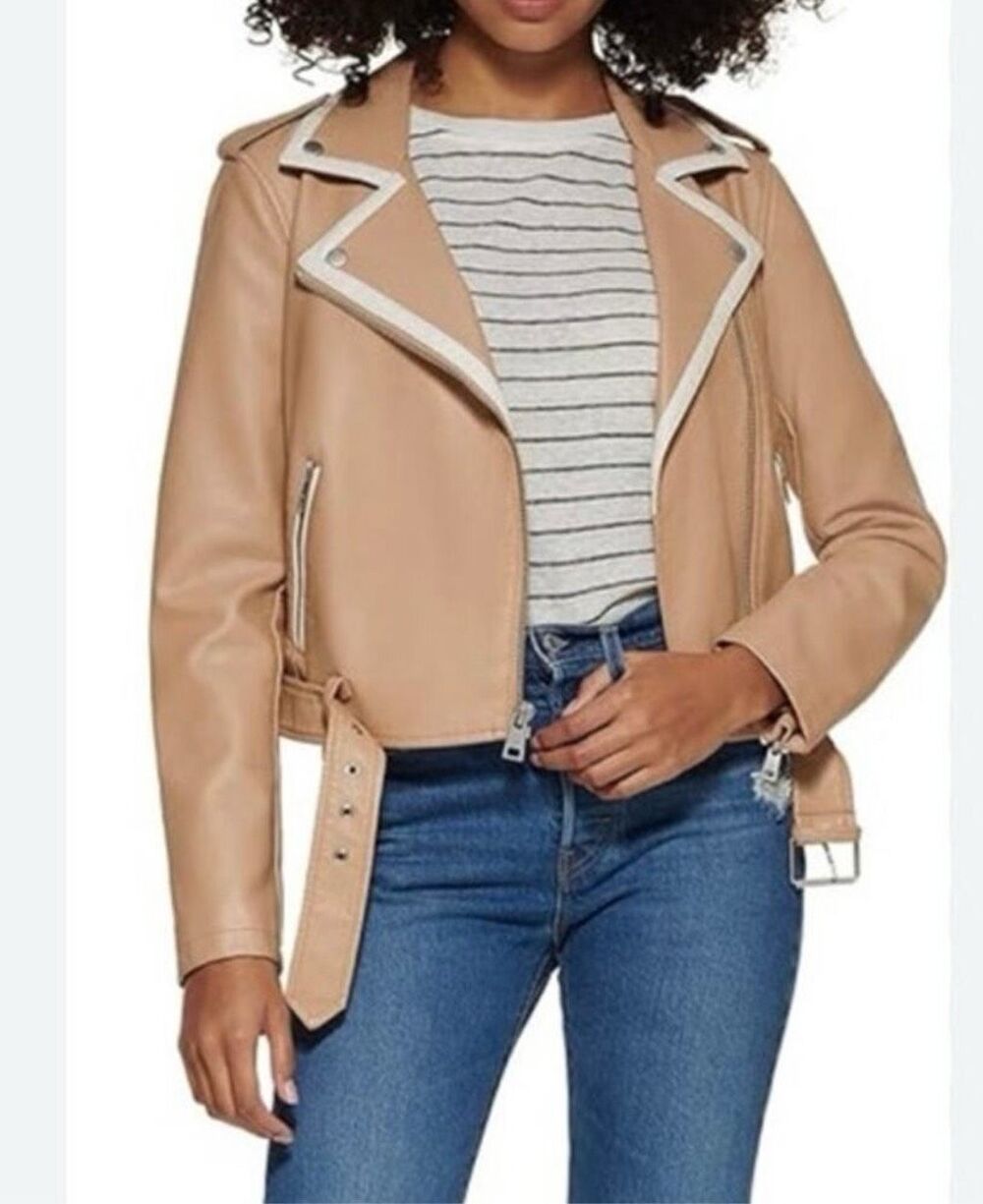 Levi’s Belted Faux Leather Moto Jacket Biscotti Tan Medium NEW
